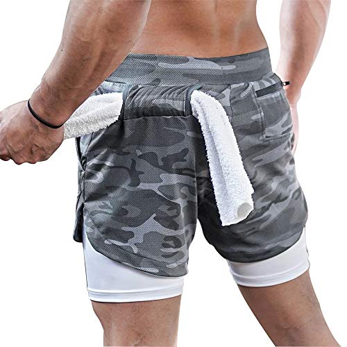 Superora Pantalones Cortos Hombre Deporte Chándal Deportivos Compresión Interna con Bolsillo Incorporado y Bolsillo Transpiración de Secado Rápido Camuflaje Gris