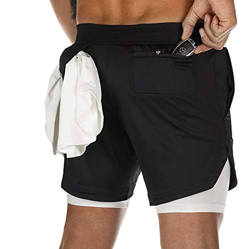 Superora Pantalones Cortos Hombre Deporte Chándal Deportivos Compresión Interna con Bolsillo Incorporado y Bolsillo Transpiración de Secado Rápido Negro