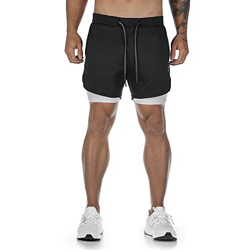 Superora Pantalones Cortos Hombre Deporte Chándal Deportivos Compresión Interna con Bolsillo Incorporado y Bolsillo Transpiración de Secado Rápido Negro