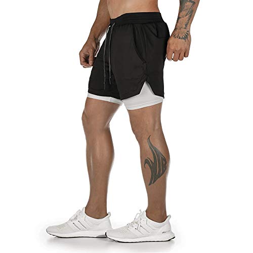 Superora Pantalones Cortos Hombre Deporte Chándal Deportivos Compresión Interna con Bolsillo Incorporado y Bolsillo Transpiración de Secado Rápido Negro