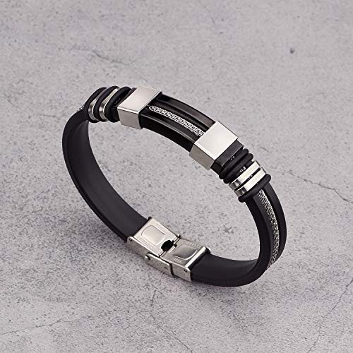 Suyi Pulsera Ajustable De Los Hombres Pulsera De Silicona Brazalete De Acero Inoxidable Black