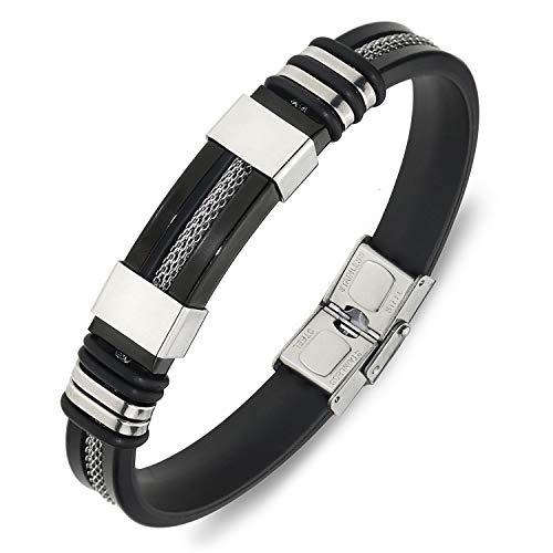 Suyi Pulsera Ajustable De Los Hombres Pulsera De Silicona Brazalete De Acero Inoxidable Black