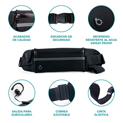 SwapGeo Riñonera Deportiva para Hombre y Mujer con Cintura Ajustable. Cinturón de Moda Negro para Running con portabotellas y Banda Reflectante. Ideal para móvil, Ciclismo y Moto