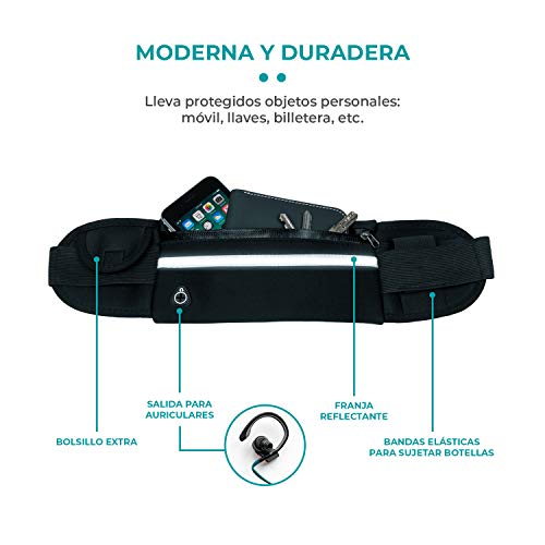 SwapGeo Riñonera Deportiva para Hombre y Mujer con Cintura Ajustable. Cinturón de Moda Negro para Running con portabotellas y Banda Reflectante. Ideal para móvil, Ciclismo y Moto