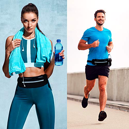 SwapGeo Riñonera Deportiva para Hombre y Mujer con Cintura Ajustable. Cinturón de Moda Negro para Running con portabotellas y Banda Reflectante. Ideal para móvil, Ciclismo y Moto