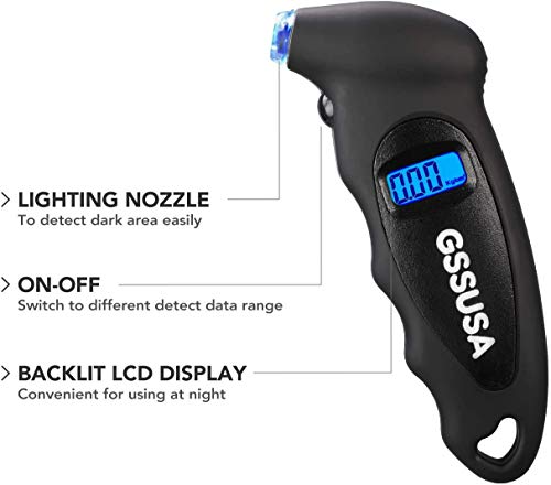 Switory Manómetro Digital Presion Neumáticos, 150 PSI 4 Ajustes para Car Truck Bicycle Bike con LCD Retroiluminado, Empuñadura Antideslizante e Iluminación Luminosa, Negro (1 Paquete)