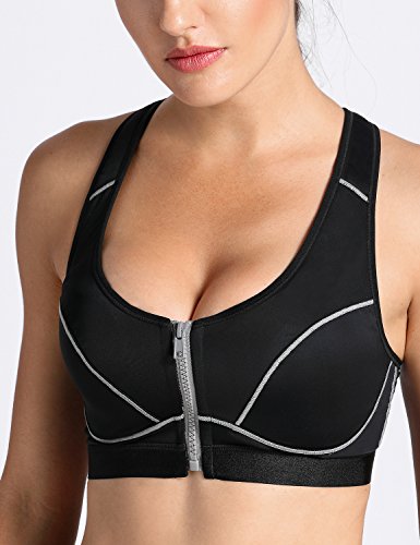 SYROKAN - Sujetador Deportivo con Cremallera Delantera para Mujer Negro 85D