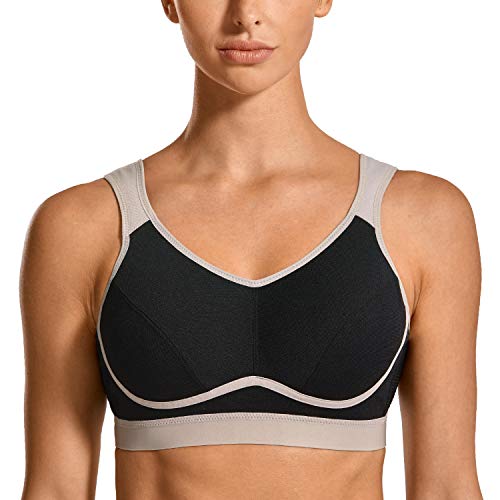 SYROKAN - Sujetador Deportivo Máximo Soporte Sin Relleno para Mujer Negro/Gris ES:115D (EU 100D)