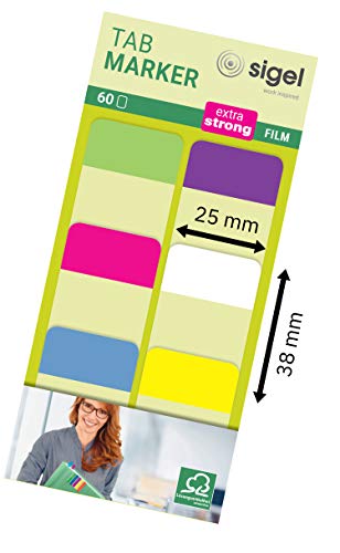 Tab Marker Film Adhesivo Marcadores Extra Fuerte 25 x 38 mm 60 hojas de limón / color de rosa / azul / púrpura / blanco / amarillo