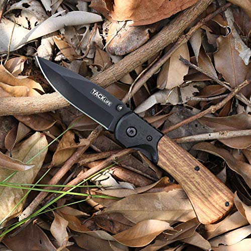 Tacklife Cuchillo Plegable Profesional, Navaja de Acero Inoxidable de Bolsillo, con Mango de Madera y Metal, Clip de Metal, Antideslizante, para Cocina, Montañismo, Camping, Viaje - FK04