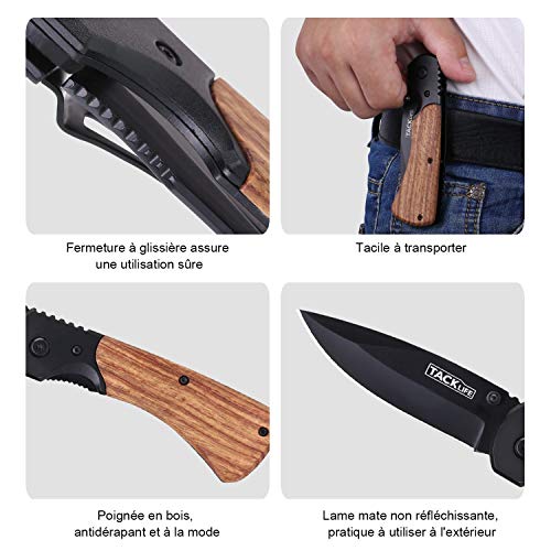 Tacklife Cuchillo Plegable Profesional, Navaja de Acero Inoxidable de Bolsillo, con Mango de Madera y Metal, Clip de Metal, Antideslizante, para Cocina, Montañismo, Camping, Viaje - FK04