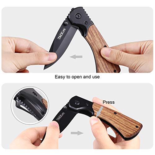 Tacklife Cuchillo Plegable Profesional, Navaja de Acero Inoxidable de Bolsillo, con Mango de Madera y Metal, Clip de Metal, Antideslizante, para Cocina, Montañismo, Camping, Viaje - FK04