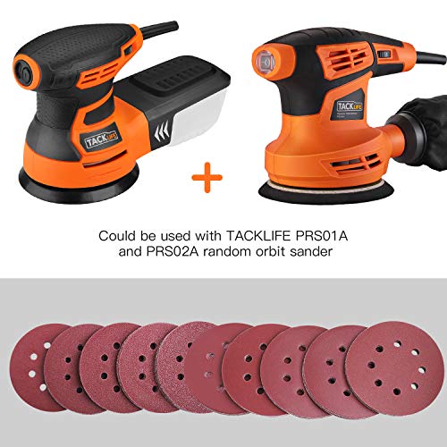 TACKLIFE Discos de Lija 125mm, 100PCS de 40, 60, 80, 100, 150, 180, 240, 320, 400, 800 Granos, Papel de Lija Abrasivo con 8 Agujeros, Gancho y Bucle Durable para Lijadora Orbital, Cambio Rápido, ASD1A