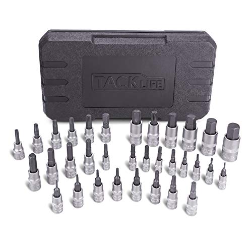 TACKLIFE Juego de llave de vaso, Hexagonales Profesional, 33 Piezas(16pcs Torx, 17pcs Hexagonales), Aleado S2, Alta Precisión, Para Reparar Motocicletas, Coche, Muebles, Electrodomésticos - HBS1C