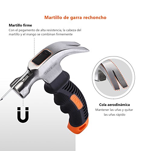 TACKLIFE Martillo, Martillo de Carpintero, Martillo Pequeño con Cabezal Magnético, Empuñadura Ergonómico de TPR con Agujero, Caucho Antioxidante y Antideslizante Termoplástico-HMH2A