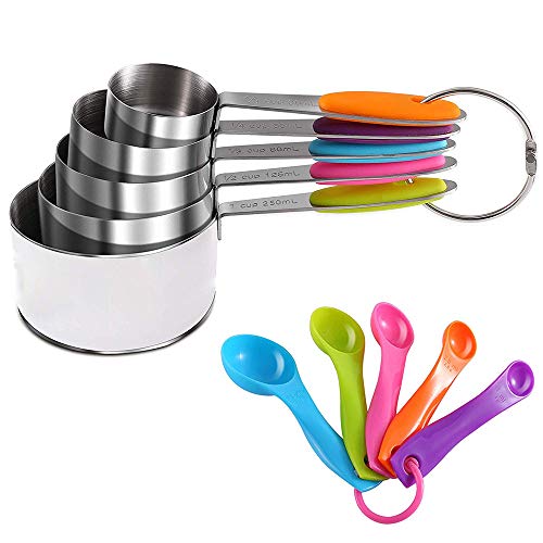 Tazas de medir y cucharas medir, cucharas para hornear acero inoxidable con mango silicona, cucharas medir color, herramientas medición para hornear ingredientes secos y líquidos (10 piezas)