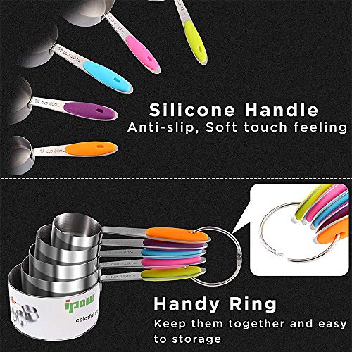 Tazas de medir y cucharas medir, cucharas para hornear acero inoxidable con mango silicona, cucharas medir color, herramientas medición para hornear ingredientes secos y líquidos (10 piezas)