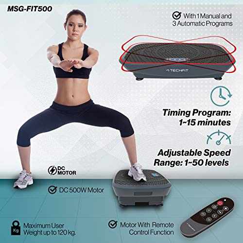 TechFit MSG-FIT500 Plataforma Vibratoria Fitness, Motor de 500 W, 4 Programas, 50 Niveles de Intensidad, con Cables de Resistencia y Control Remoto, Ideal para Pérdida de Peso y Tonificación Muscular