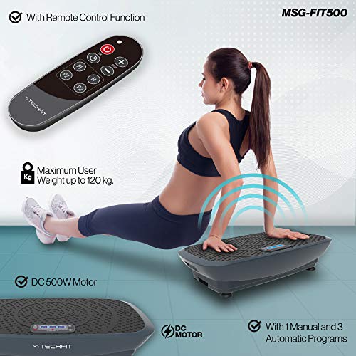 TechFit MSG-FIT500 Plataforma Vibratoria Fitness, Motor de 500 W, 4 Programas, 50 Niveles de Intensidad, con Cables de Resistencia y Control Remoto, Ideal para Pérdida de Peso y Tonificación Muscular