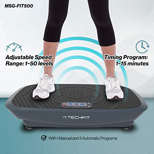 TechFit MSG-FIT500 Plataforma Vibratoria Fitness, Motor de 500 W, 4 Programas, 50 Niveles de Intensidad, con Cables de Resistencia y Control Remoto, Ideal para Pérdida de Peso y Tonificación Muscular