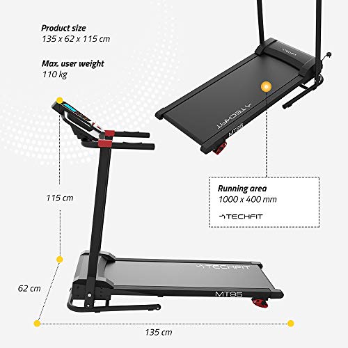 TechFit MT95 Cinta de Correr Eléctrica Motorizada Plegable, Potencia Máxima del Motor de 2.5 HP, con 3 Pasos de Inclinación Manual, 16 Programas Preestablecidos, Pantalla LCD, Bluetooth y MP3