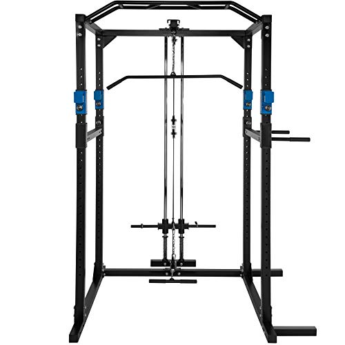 TecTake Multiestación de Fitness para Entrenamiento | 2 puntales de Seguridad macizos | Poleas para Barras de Flexiones Inferiores y Superiores Modelos (Azul Negro Lat | No. 402598)