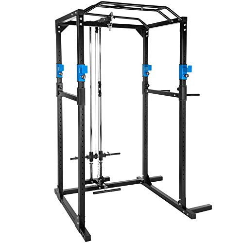 TecTake Multiestación de Fitness para Entrenamiento | 2 puntales de Seguridad macizos | Poleas para Barras de Flexiones Inferiores y Superiores Modelos (Azul Negro Lat | No. 402598)