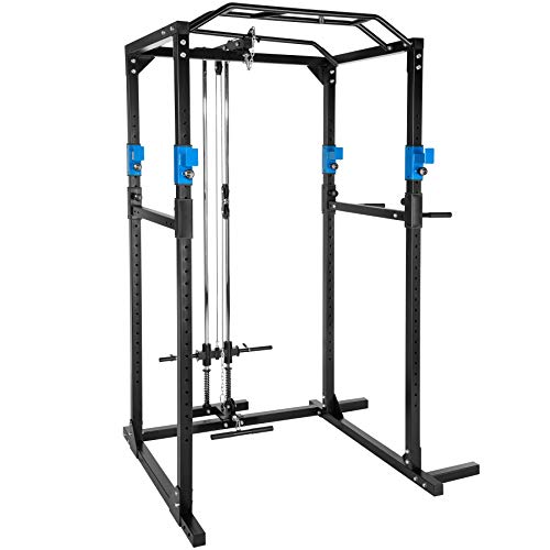 TecTake Multiestación de Fitness para Entrenamiento | 2 puntales de Seguridad macizos | Poleas para Barras de Flexiones Inferiores y Superiores Modelos (Azul Negro Lat | No. 402598)