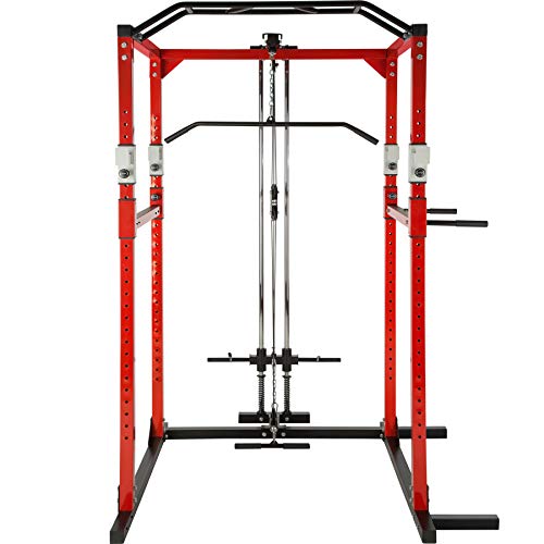 TecTake Multiestación de Fitness para Entrenamiento | 2 puntales de Seguridad macizos | Poleas para Barras de Flexiones Inferiores y Superiores Modelos (Rojo Negro Lat | No. 402738)