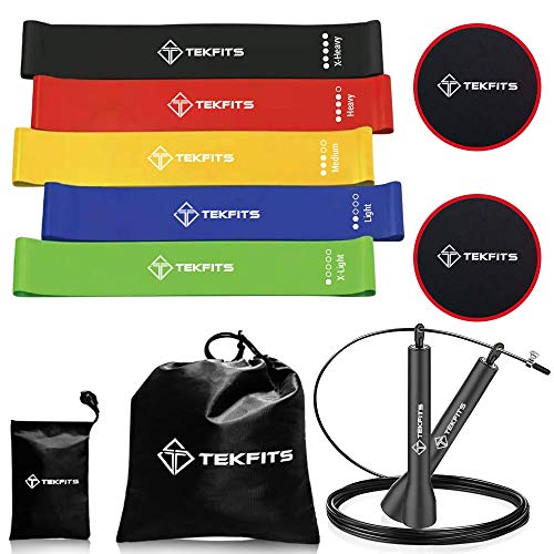 Tekfits Juego de ejercicios paquete de 10 - 5 bandas de resistencia de bucle - 2 deslizadores de núcleo - 1 cuerda para saltar - 1 bolsa - Equipo completo de ejercicio y cardio