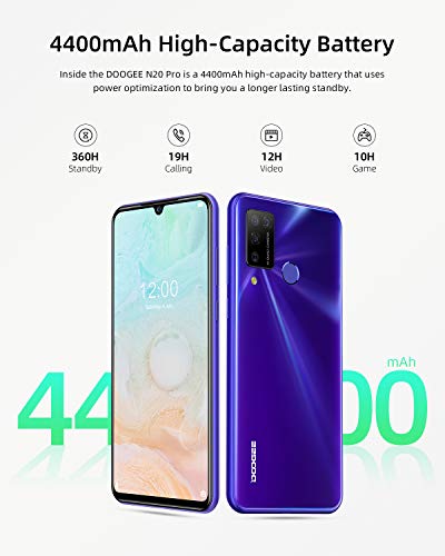 Teléfono Móvil, DOOGEE N20 Pro 2020 Móviles Libres 4G 6GB+128GB, Android 10 Smartphone Libre Helio P60 6.3 Inch FHD+, Cámara Trasera Cuádruple 16MP, 4400mAh, Face ID& Huellas Dactilares - Púrpura