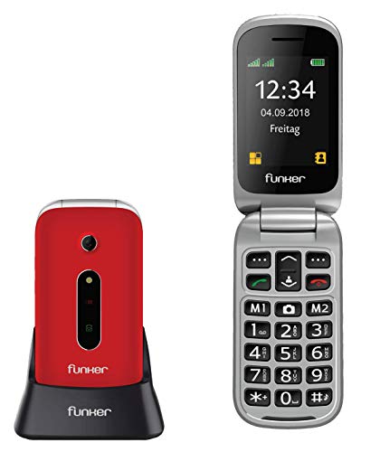 Teléfono Móvil Funker C75 Rojo Easy Comfort con Tapa para Personas Mayores con botón SOS y Base cargadora.