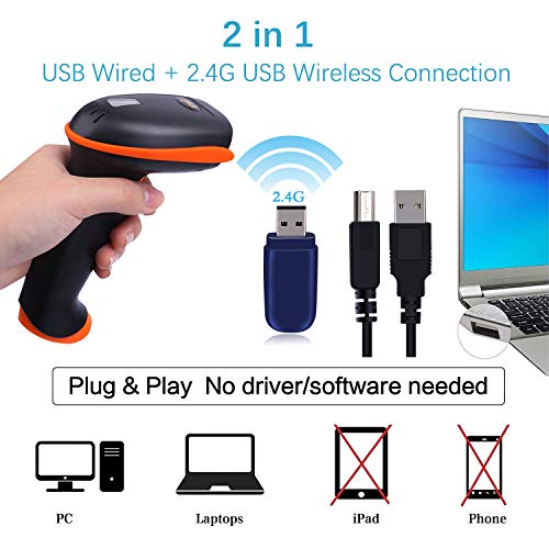 Tera Escáner de Códigos de Barras Inalámbrico (Inalámbrico 2.4GHz + Cable USB 2.0), Lector de Códigos de Barras de Mano con Batería Recargable con Receptor USB incluído