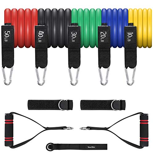 Terra Hiker Bandas Elasticas Resistencia, para Fitness/Gimnasio, hasta 68 kg (150lbs), Incluye 5 Bandas de Tubo, con Manija/Anclaje de Puerta