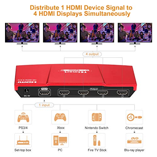 TESmart HDMI Splitter 4K 2.0 Certificado, HDMI Duplicador 1 Entrada 4 Salidas, Splitter HDMI 1 a 4 Amplificador Switch Box Hub Alimentado con Ultra HD 4K@60Hz 4:4:4 con Soporte EDID (Rojo)