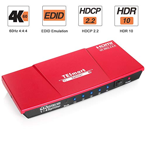 TESmart HDMI Splitter 4K 2.0 Certificado, HDMI Duplicador 1 Entrada 4 Salidas, Splitter HDMI 1 a 4 Amplificador Switch Box Hub Alimentado con Ultra HD 4K@60Hz 4:4:4 con Soporte EDID (Rojo)