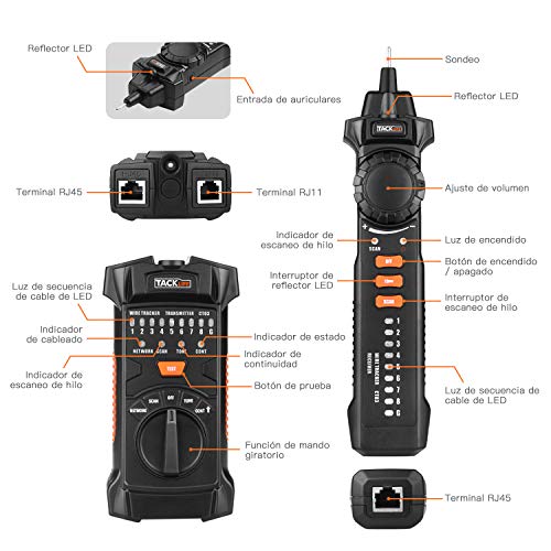 Tester de Cable, Tacklife CT03, Comprobador de Cables, Buscador de líneas RJ11 RJ45, Probador de Cable, Prueba de línea telefónica, Prueba de continuidad, LED