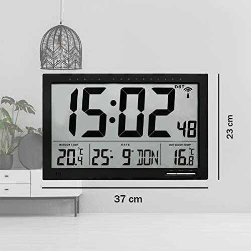 TFA 60.4510.01 Reloj Digital de Pared Negro con termómetro y Sensor Remoto tamaño XXL