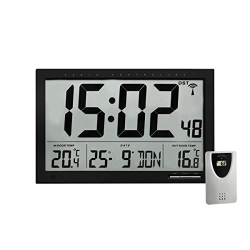 TFA 60.4510.01 Reloj Digital de Pared Negro con termómetro y Sensor Remoto tamaño XXL