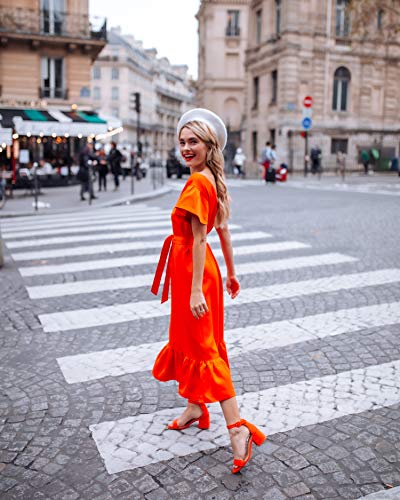 The Drop Vestido Midi Rojo Cherry con Lazada a la Cintura, Bajo Ancho y Mangas Mariposa por @officiallyquigley, S