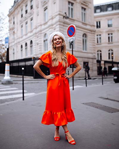 The Drop Vestido Midi Rojo Cherry con Lazada a la Cintura, Bajo Ancho y Mangas Mariposa por @officiallyquigley, S