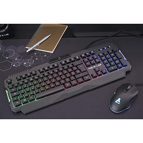 THE G-LAB Combo HELIUM 4 en 1 Gaming Bundle - Teclado Gaming QWERTY – Incluye Ñ - Retroiluminado, Ratón Gaming de 2400 DPI, Auriculares in-ear, Alfombrilla de Ratón Antideslizante – PC PS4 Xbox One