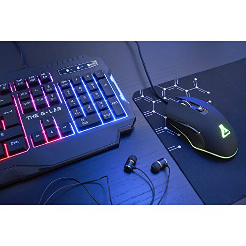 THE G-LAB Combo HELIUM 4 en 1 Gaming Bundle - Teclado Gaming QWERTY – Incluye Ñ - Retroiluminado, Ratón Gaming de 2400 DPI, Auriculares in-ear, Alfombrilla de Ratón Antideslizante – PC PS4 Xbox One