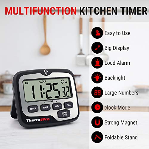 ThermoPro TM01 Temporizador de Cocina Digital con Cuenta Regresiva y Cronómetro Reloj Temporizador Magnético con Alarma Sonora Ajustable y Pantalla LCD Gran Retroiluminación