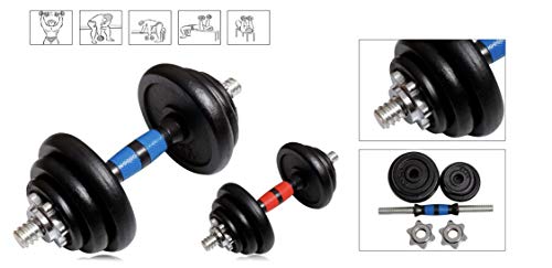 TIENDA EURASIA® Juego de 2 Mancuernas Fitness Ajustables 10-15-20Kg. Incluye Barra de Hierro Anti-Deslizante, 6 Pesos Ajustables y 2 Cierres Laterales. (Azul, 20 KG)