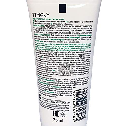 Timely - Crema de manos hidratante y regeneradora con aloe (pack de 4 x 75 ml)