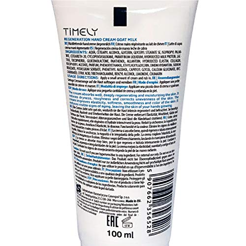 Timely - Crema de manos hidratante y regeneradora con leche de cabra, 100 ml