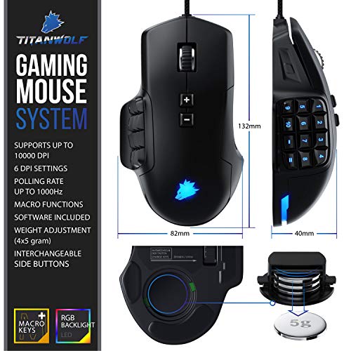 Titanwolf - System Ratón para juegos con una frecuencia de muestreo de 10000 dpi - 6 ajustes DPI - Botones de pulgar intercambiables - Modo de luz RGB - Plug y Play