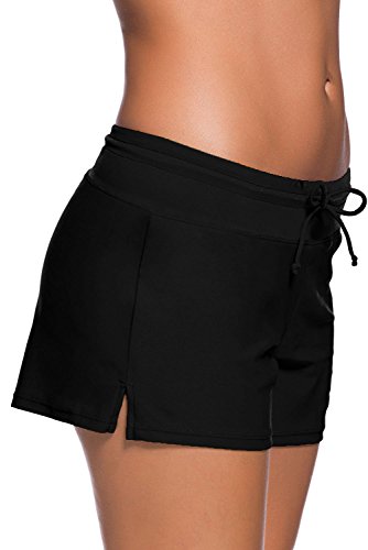 Tmaza Shorts de Baño Mujer Bañador Short Deportes Acuáticos Shorts de Natación Secado Rápido Bañador de Pantalon Cortos con cordón Ajustables, Negro XL