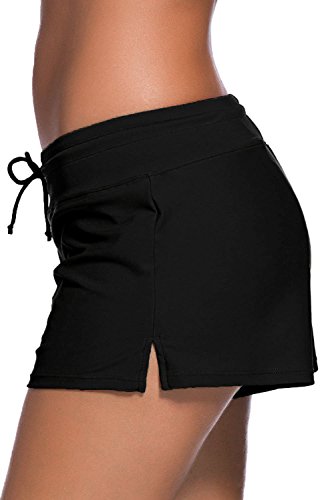 Tmaza Shorts de Baño Mujer Bañador Short Deportes Acuáticos Shorts de Natación Secado Rápido Bañador de Pantalon Cortos con cordón Ajustables, Negro XL